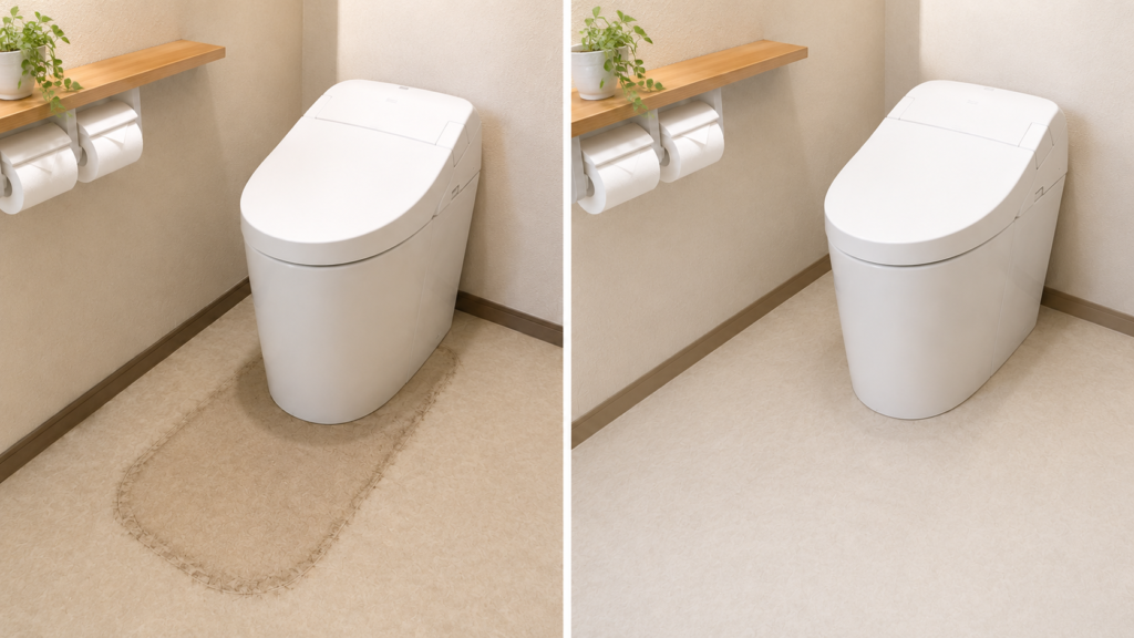 トイレ床のクッションフロア跡・張り替えビフォーアフターイメージ