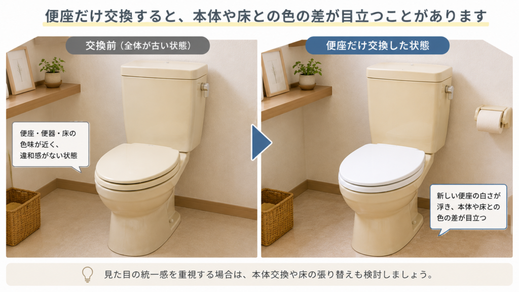 便座だけ交換した場合、色の差が目立つ可能性がある画像