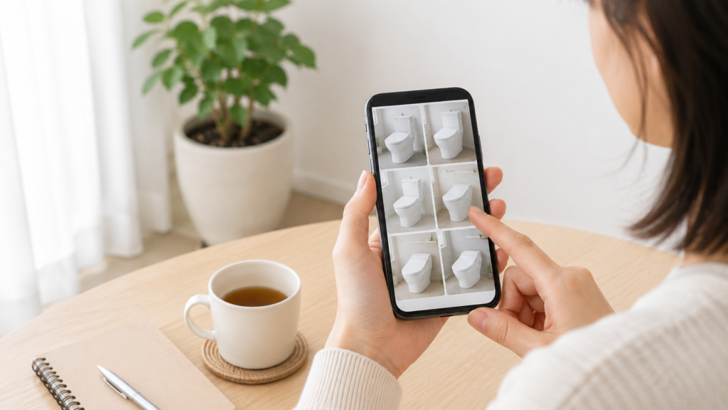 スマートフォンでトイレを比較しているイメージ