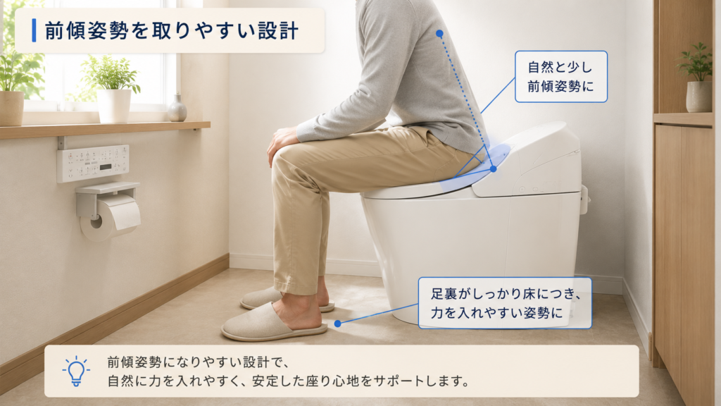 前傾姿勢をサポートするトイレ設計