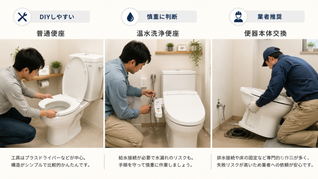 交換種類比較イメージ(普通便座・温水洗浄便座・便器本体)