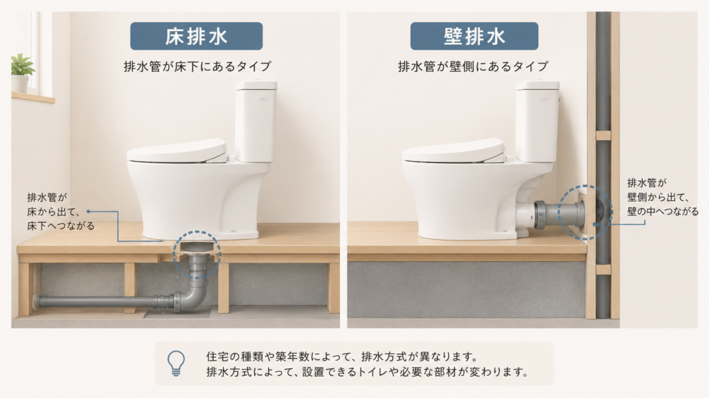 床排水と壁排水の構造比較図
