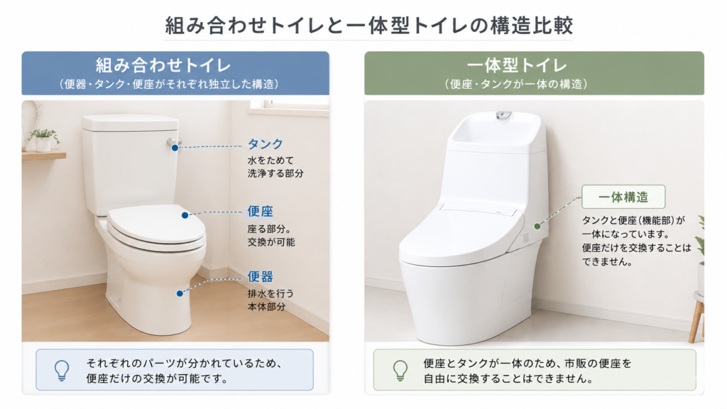 組み合わせトイレと一体型トイレの構造比較の画像