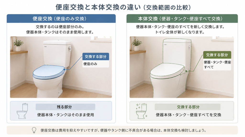 便座交換と本体交換の交換範囲を示した比較図