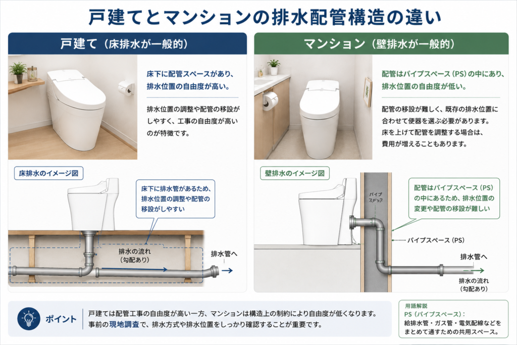 戸建て・マンションの排水配管構造の比較図)